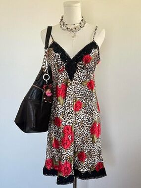 Leopard & Red Rose Lace Slip Dress
